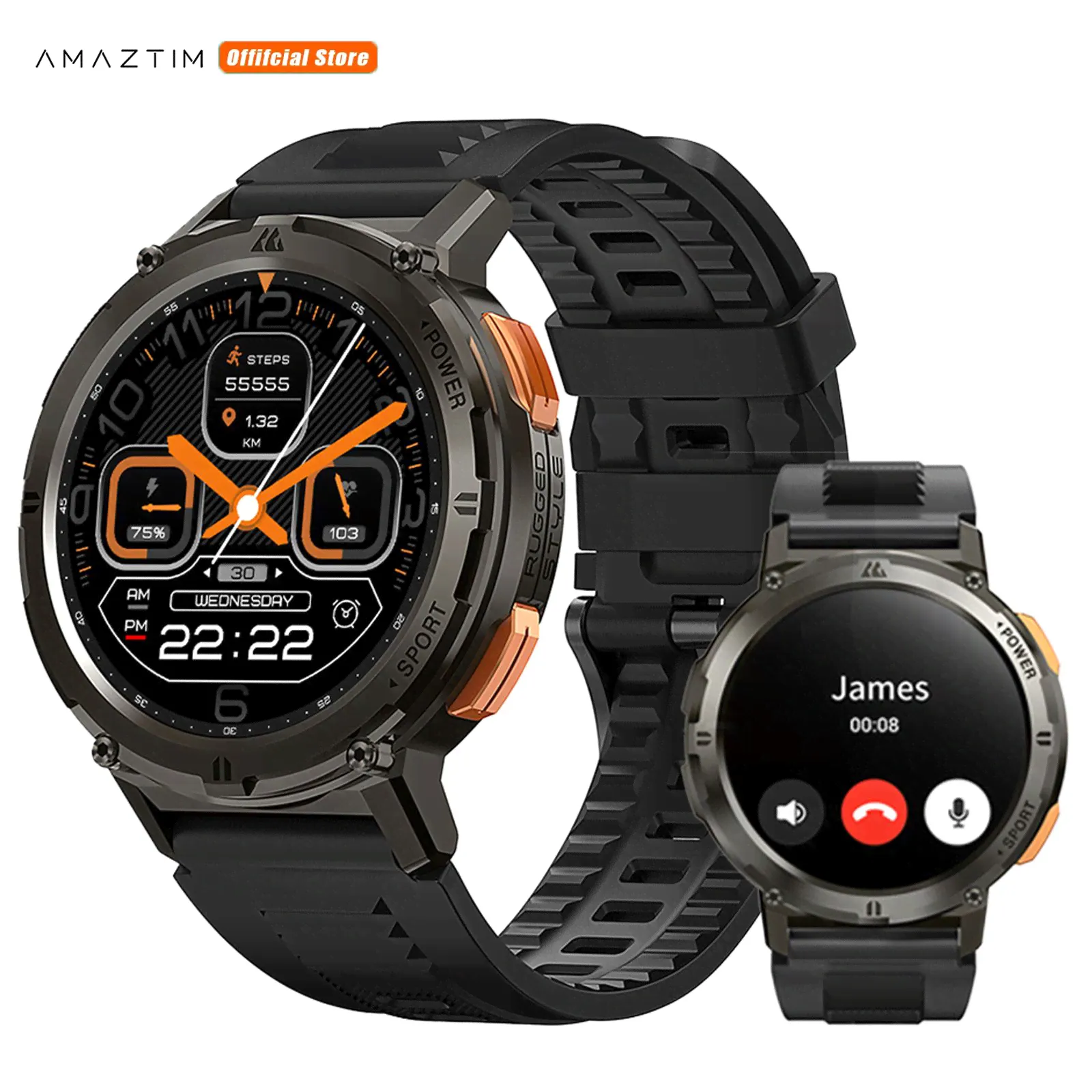 AMAZTIM Умные часы T-Rex 2 Умные часы для мужчин, аккумулятор Смарт-часы повышенной емкости на 60 дней, водонепроницаемость 50 м, прочный военный фитнес-трекер, 1,43 AMOLED, голосовой помощник с искус
