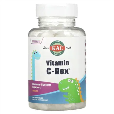 KAL, Dinosaurs,Vitamin C-Rex, витамин С, со вкусом апельсина, 100 жевательных таблеток-0