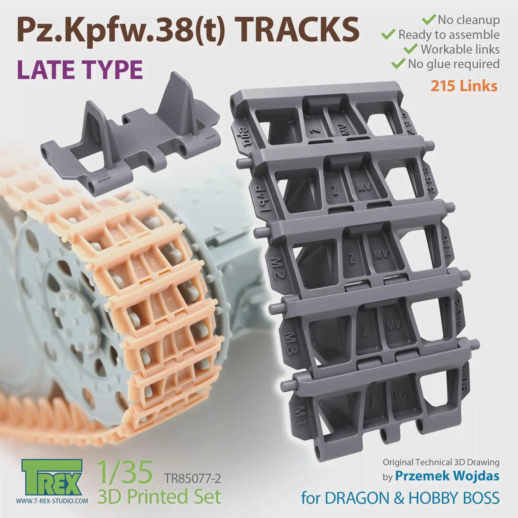 T-Rex Studio 85077-2 1/35 Pz.Kpfw.38 (t) Гусеницы Позднего типа Для набора 3D-принтеров DML/HOBBY BOSS
